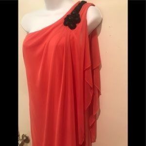 One shoulder Mini dress by Sweet Storm orange/coral with black beads!